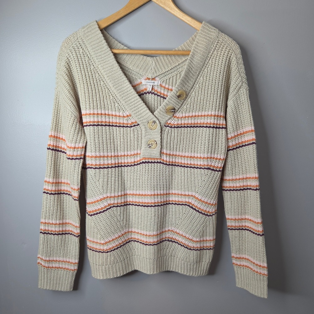 Maurices Womens Small Beige Striped Chunky Knit Henley V-Neck Sweater‎ 763961